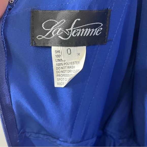 La Femme Pleated Bodice V Neck Chiffon Dress Gown Blue Size 0 Leg Slit Faux Wrap - Picture 8 of 9